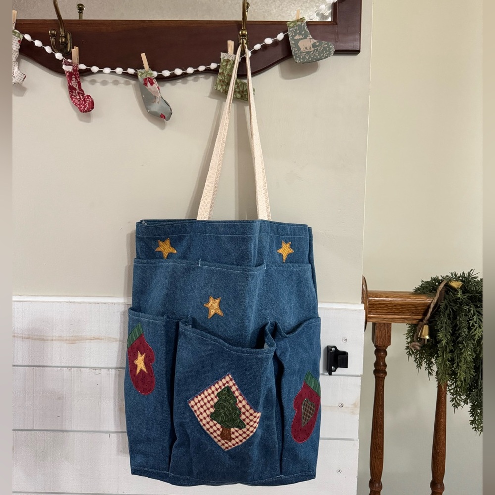 Blue Denim Pocket Tote with Holiday Appliqué